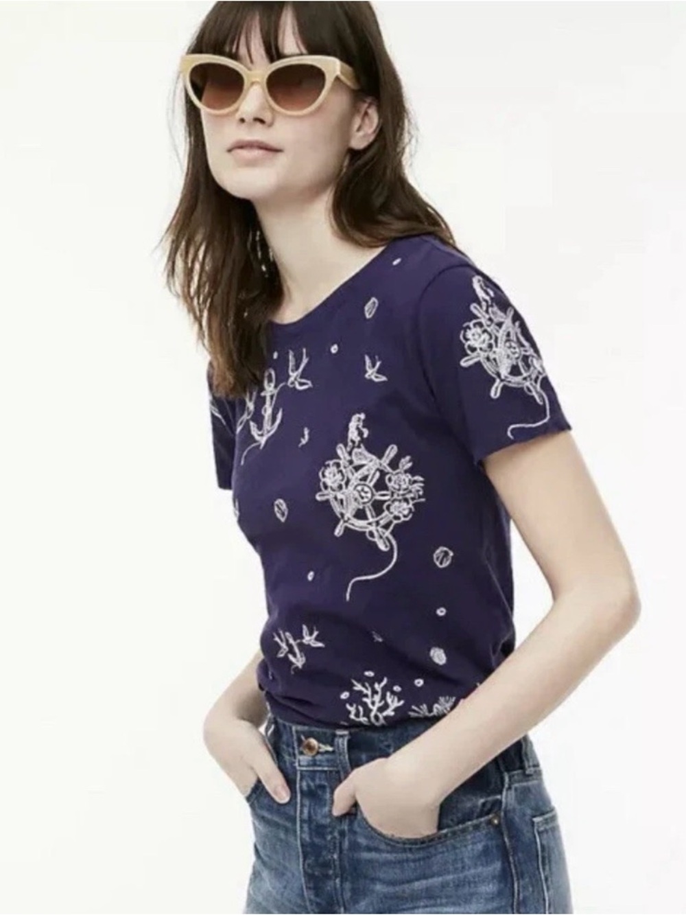 J.Crew Women's Size M Embroidered Nautical Shirt Sleeve Crew Neck T-Shirt.